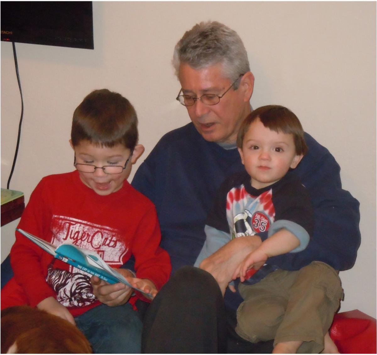 Reading to grandsons Jackson & Eddie